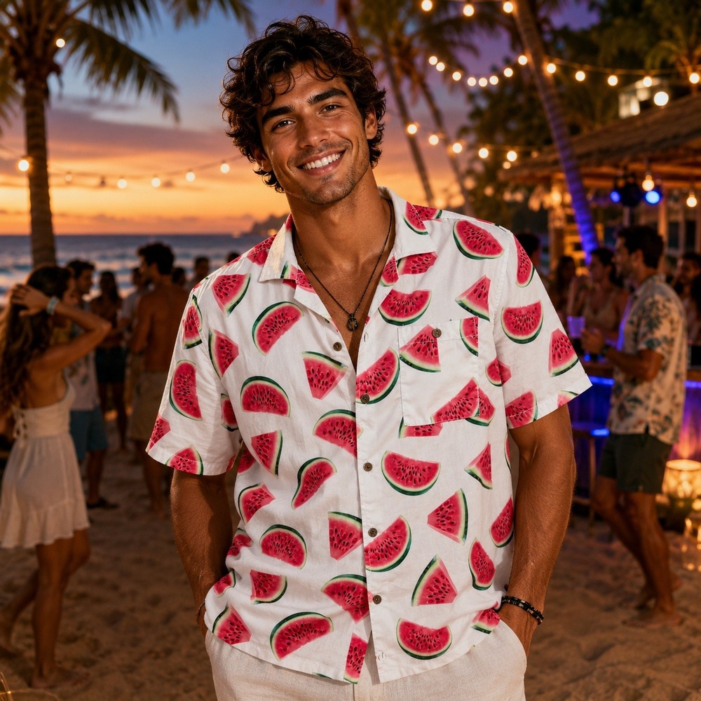 Uzzi Amphibious Gear Mens Watermelon Print Button Front Shirt White HP101 Medium